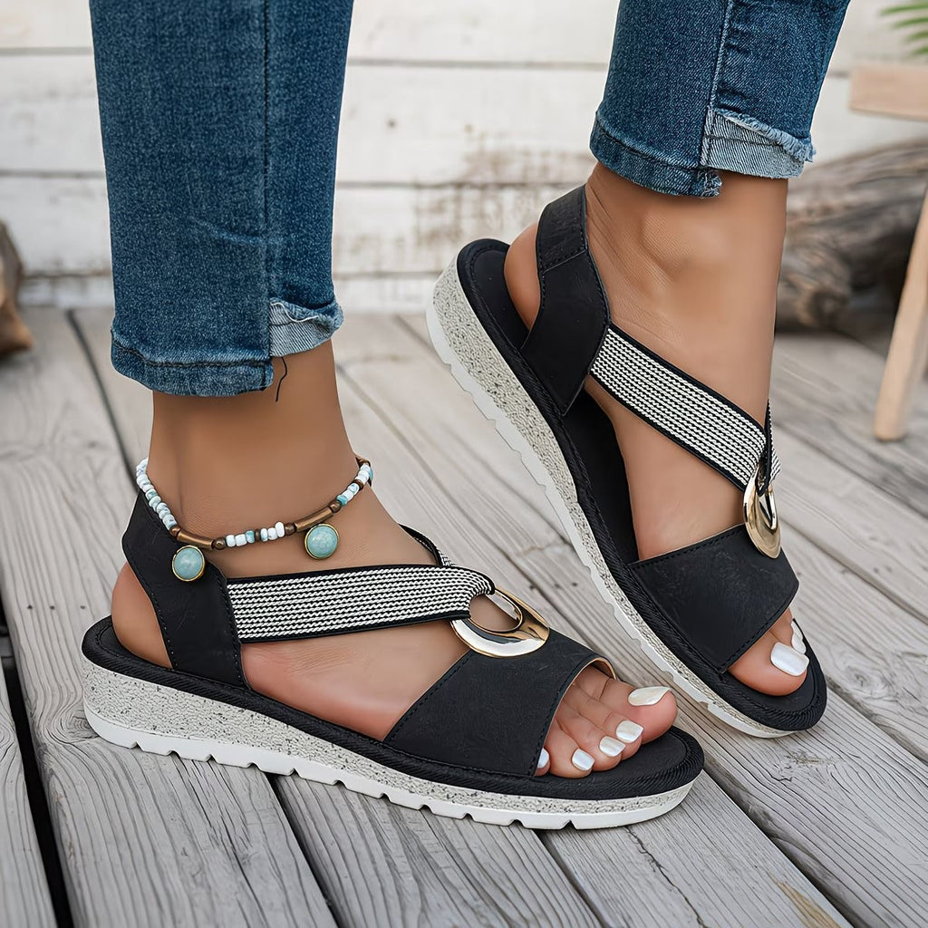 Drelia | Platte damessandalen – Zomersandalen met metalen ring en instapmodel