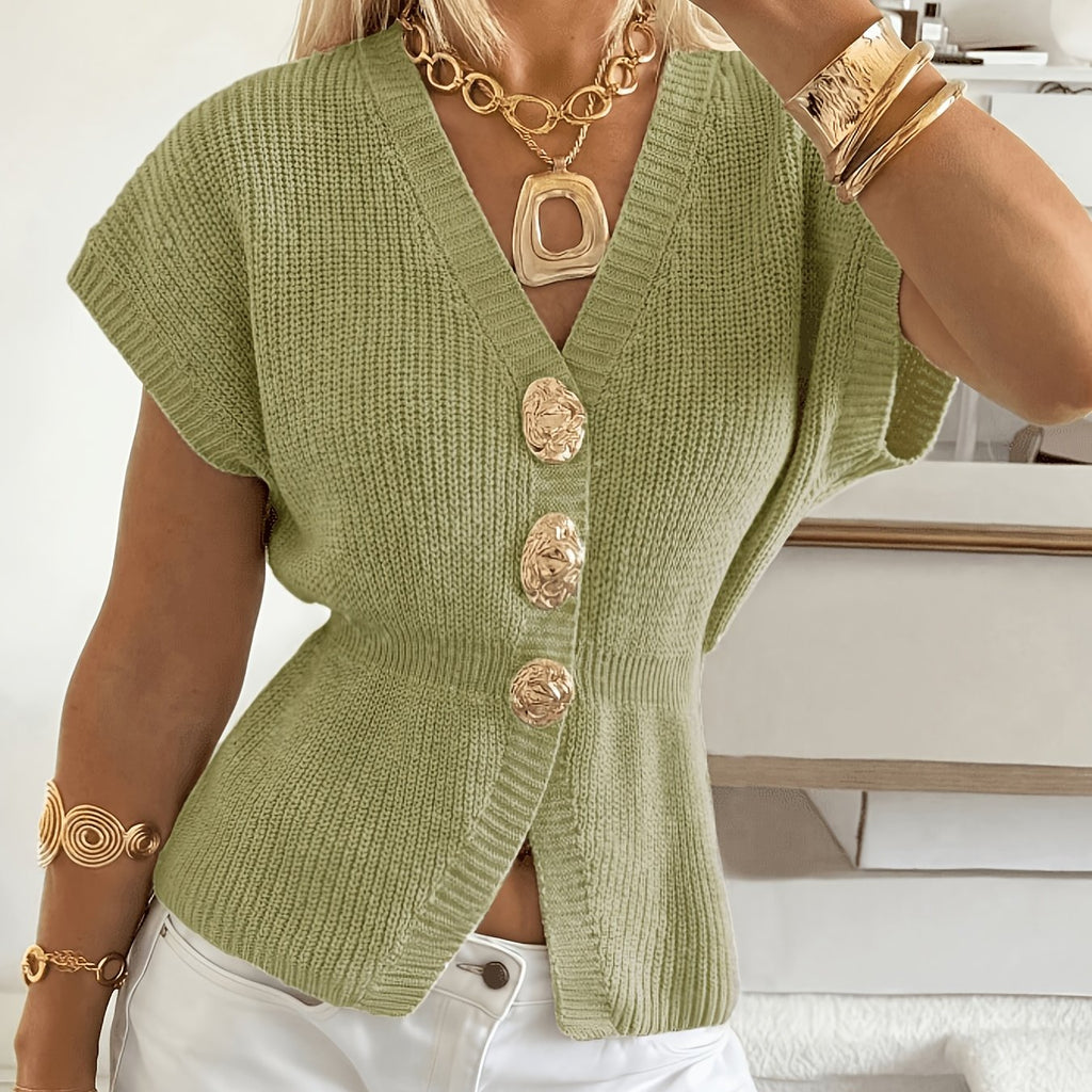 Kaya | Mouwloze gebreide damescardigan – gilet met metalen knoopsluiting aan de voorkant