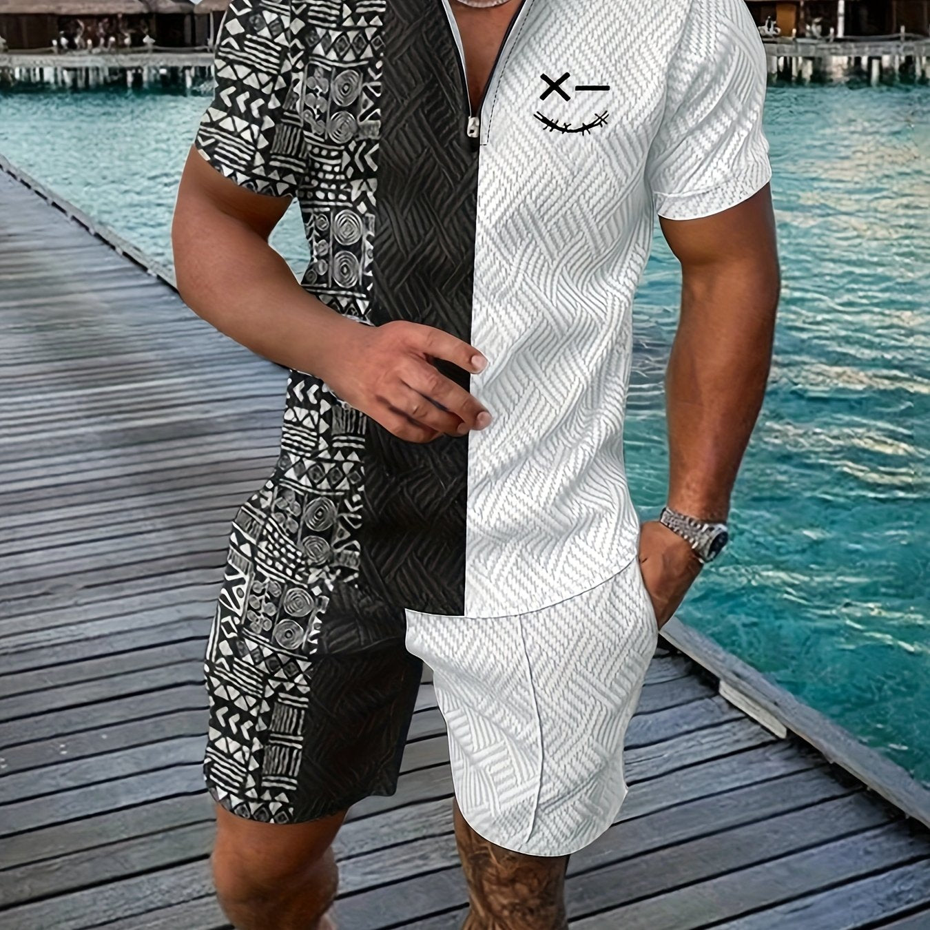 Xylaric | Casual tweedelige set voor heren – T-shirt met reverskraag en korte broek met trekkoord