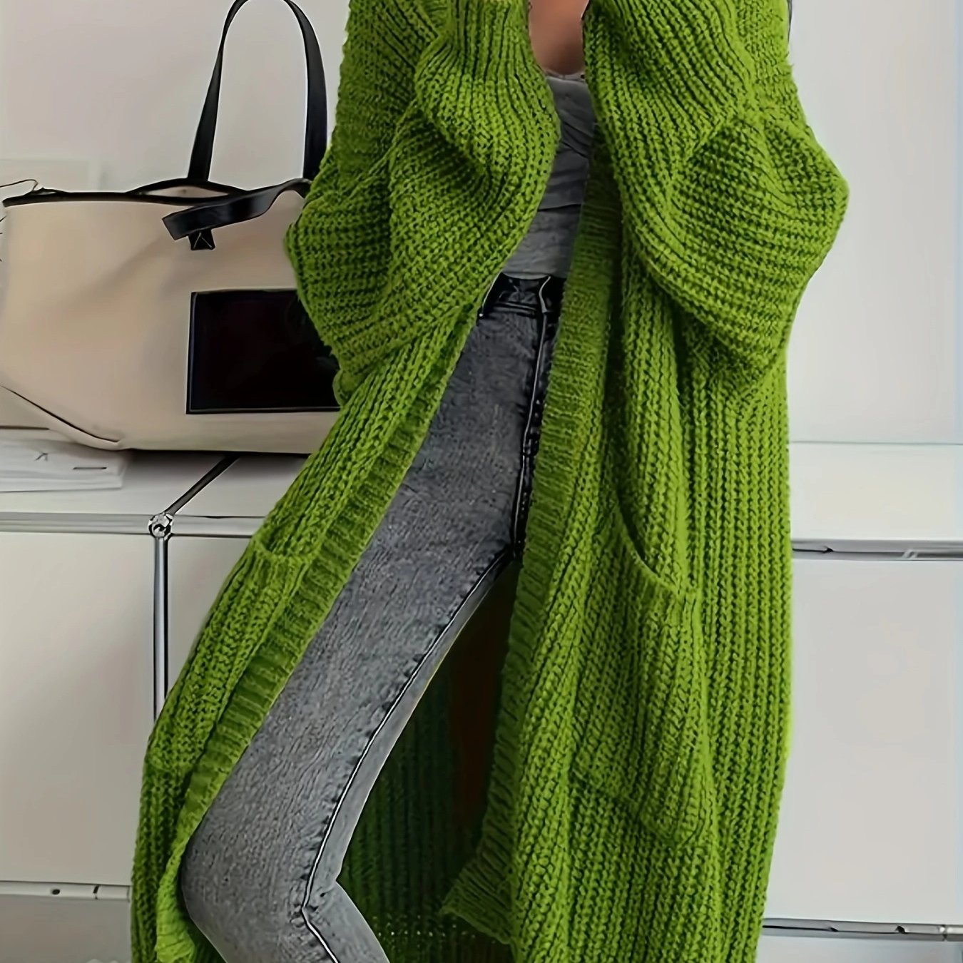 Myvessa | Langer Strickcardigan für Damen – offener, Oversize-Schnitt, lässiger Pullover für Herbst und Winter