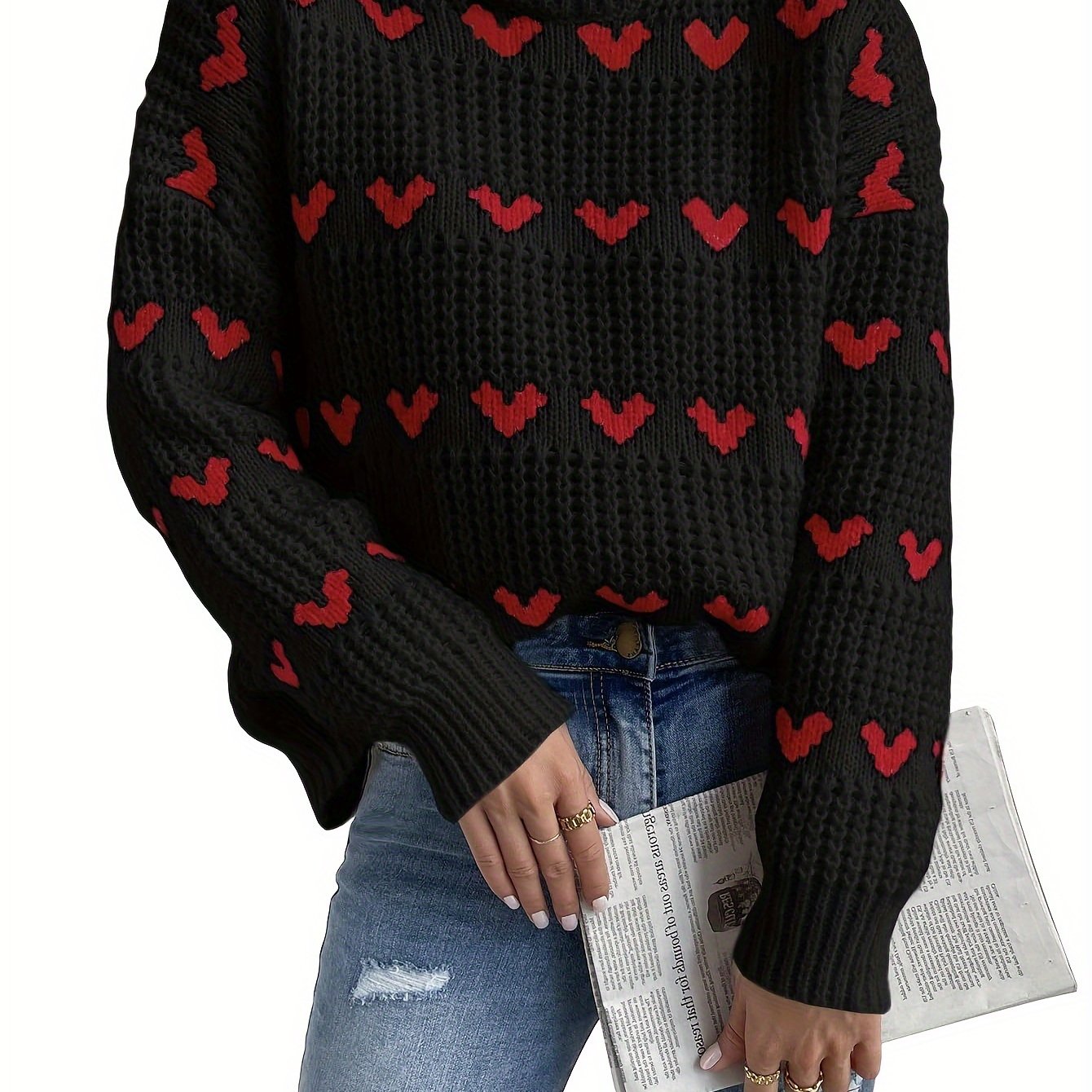 Irindra | Strickpullover mit Herzmuster – Stehkragen, Langarmpullover für die Herbst-Winter-Freizeit 