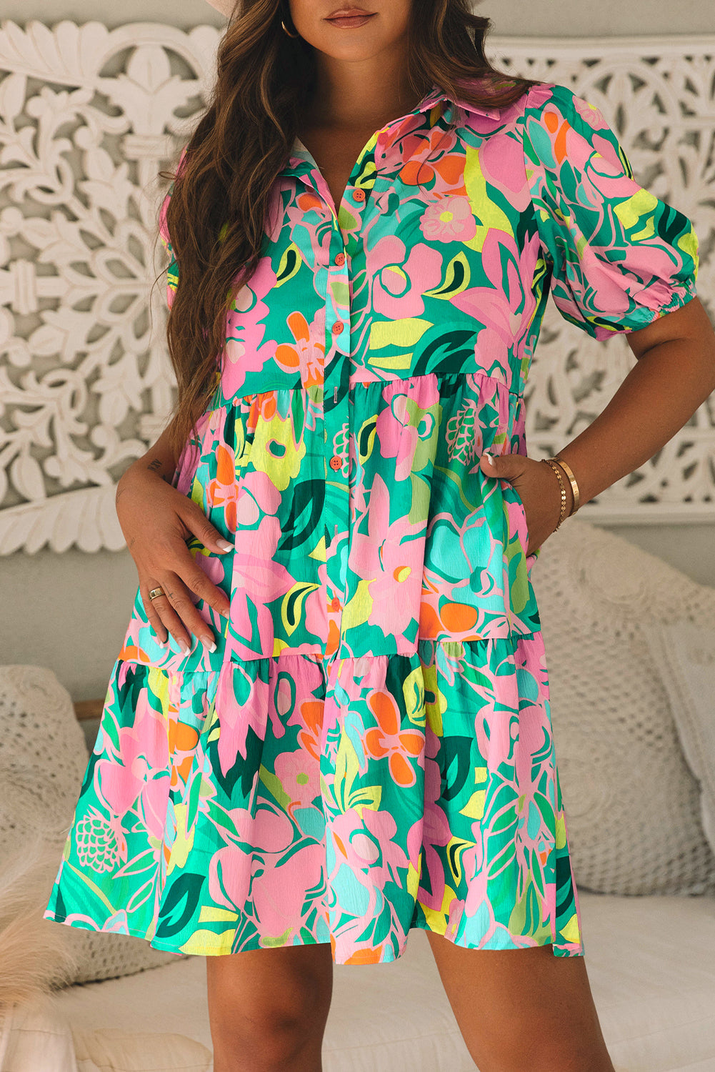 Melantha | Groene bloemenprint babydoll jurk met pofmouwen en kraag – Lichtgewicht zomerjurk