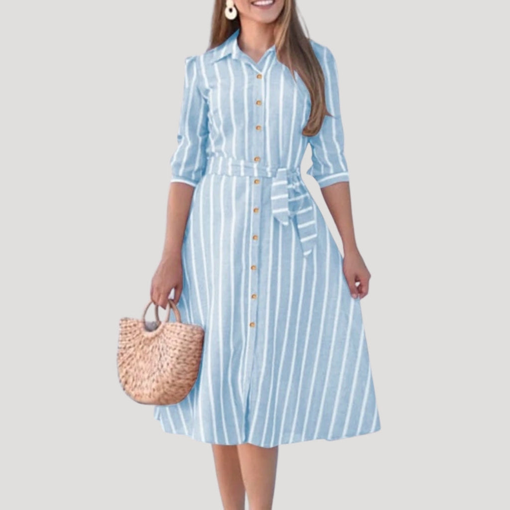 Nysera | Gestreepte Midi Overhemdjurk – Taillering, Casual Zomerjurk met Halflange Mouwen