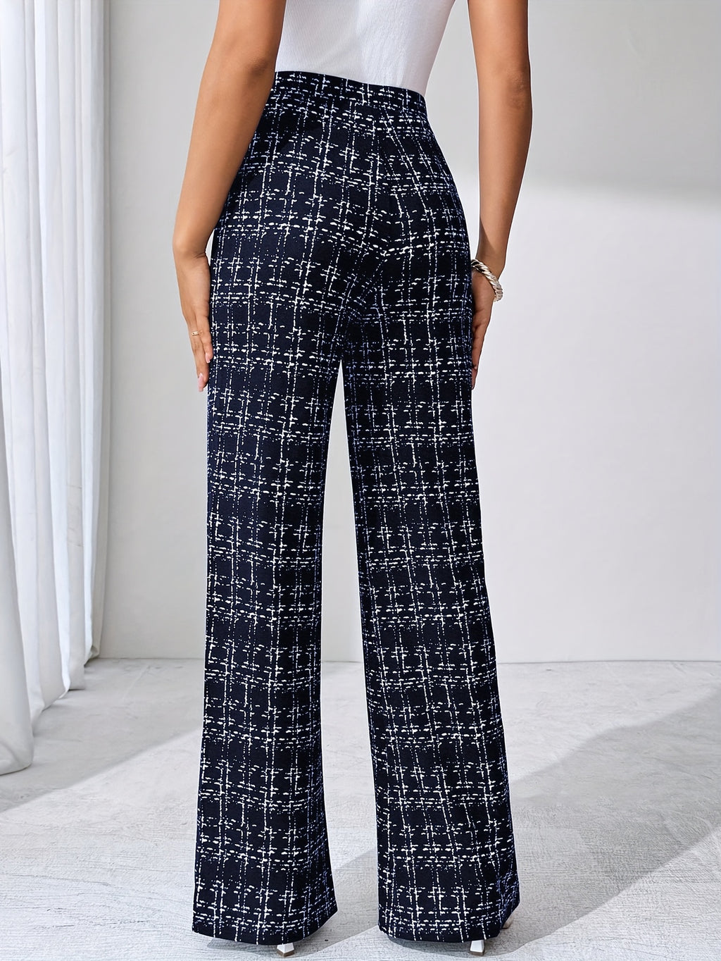 Laverna | Pantalon évasé en tweed à carreaux taille haute pour femme – Pantalon décontracté et extensible à jambes larges