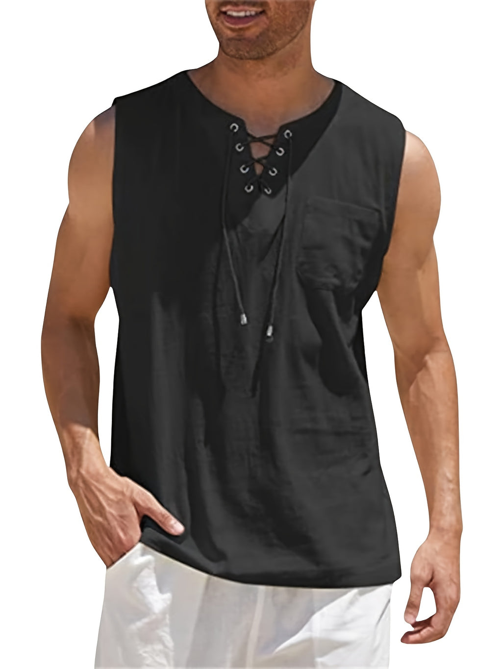 Morten | Ärmelloses Herren-Tanktop aus Baumwoll-Leinen-Mischgewebe mit V-Ausschnitt – Leichtes Sommer-T-Shirt