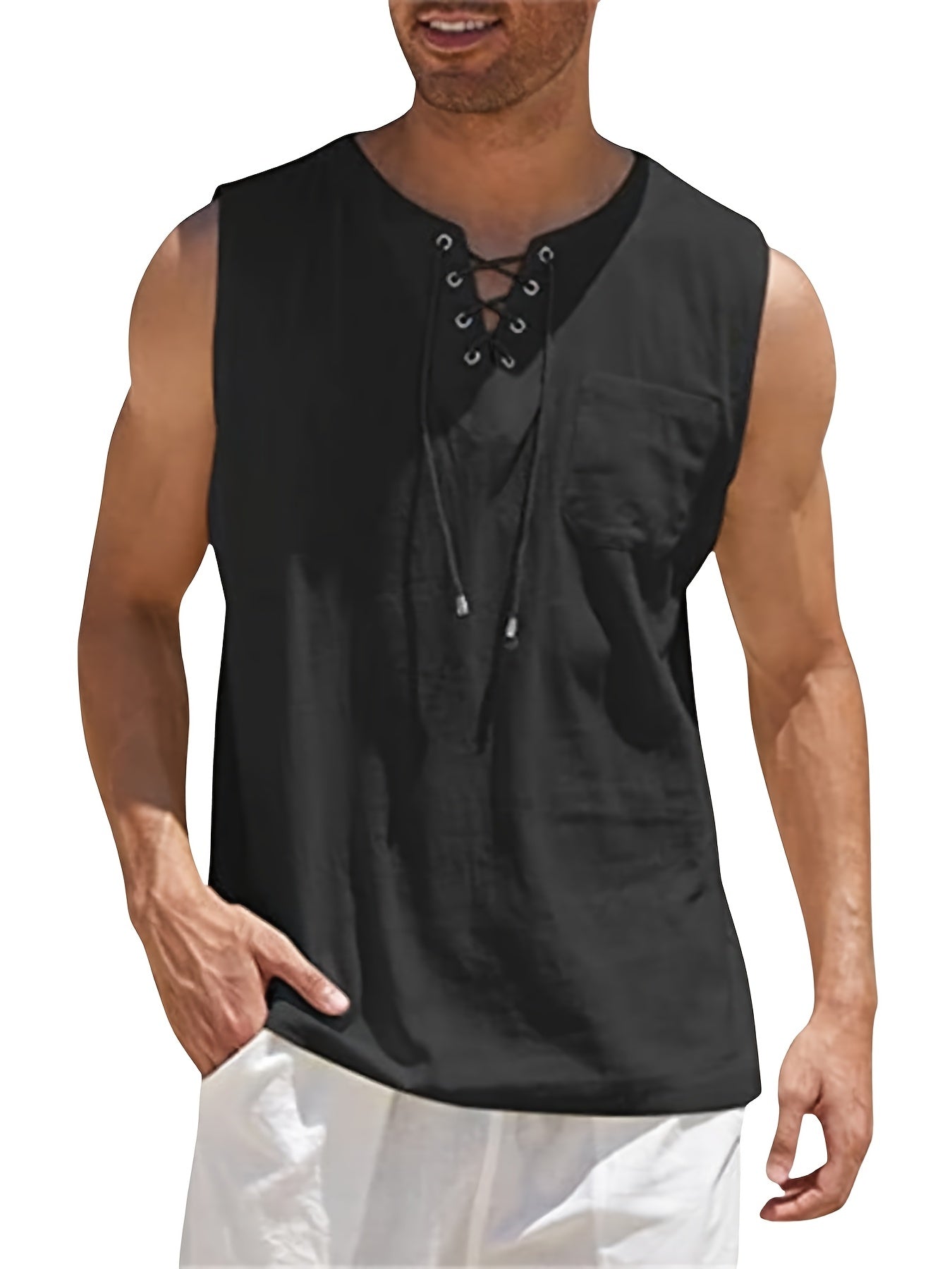 Morten | Ärmelloses Herren-Tanktop aus Baumwoll-Leinen-Mischgewebe mit V-Ausschnitt – Leichtes Sommer-T-Shirt