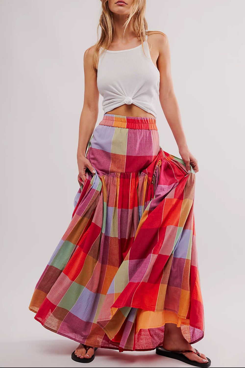 Fyra | Dames color block maxi rok – Hoge taille elastische tailleband