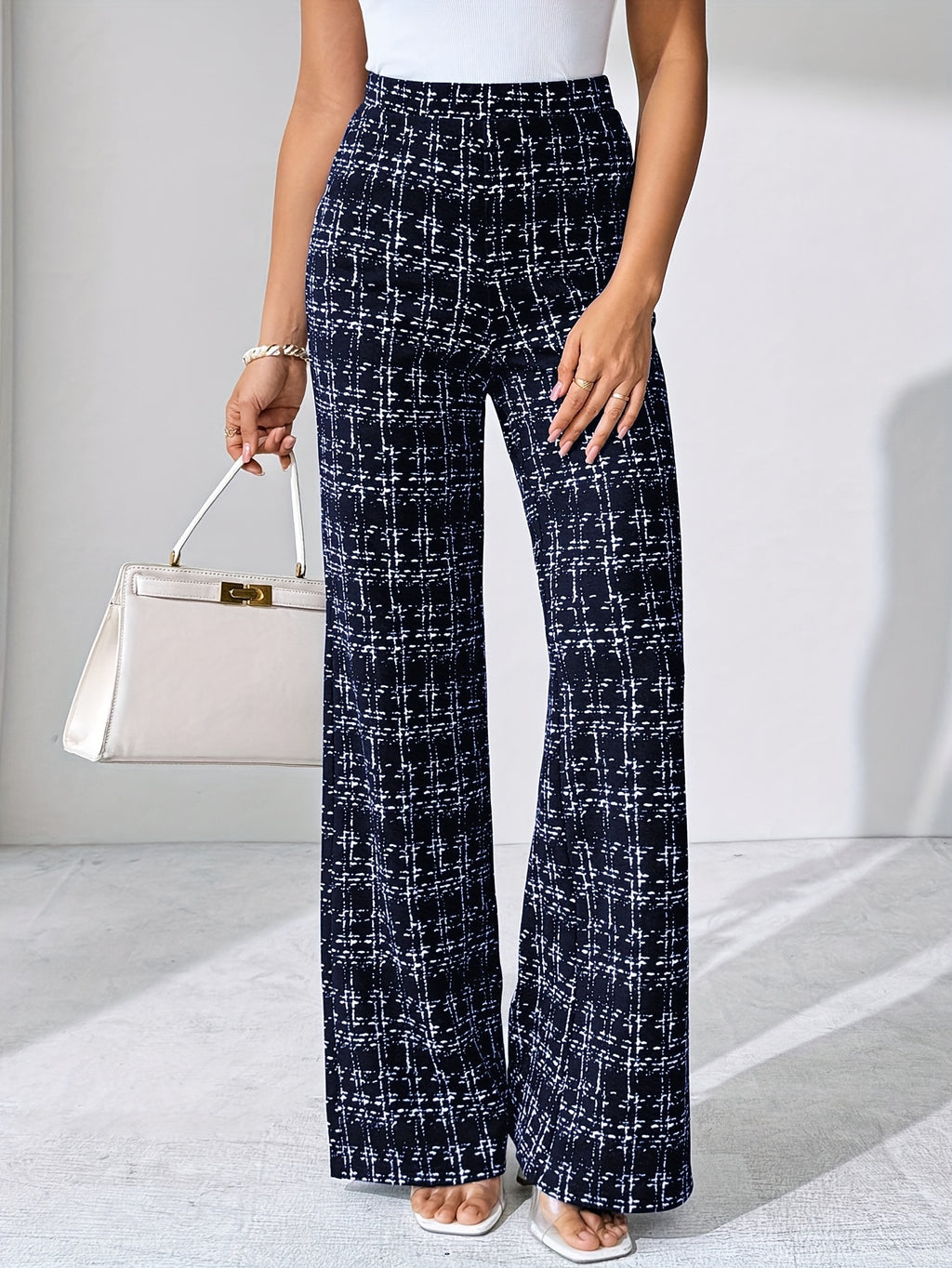 Laverna | Pantalon évasé en tweed à carreaux taille haute pour femme – Pantalon décontracté et extensible à jambes larges