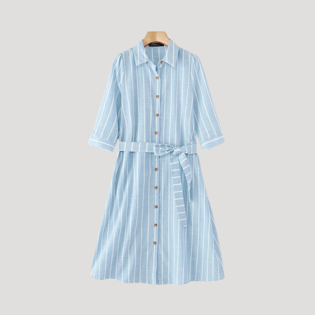 Nysera | Gestreepte Midi Overhemdjurk – Taillering, Casual Zomerjurk met Halflange Mouwen