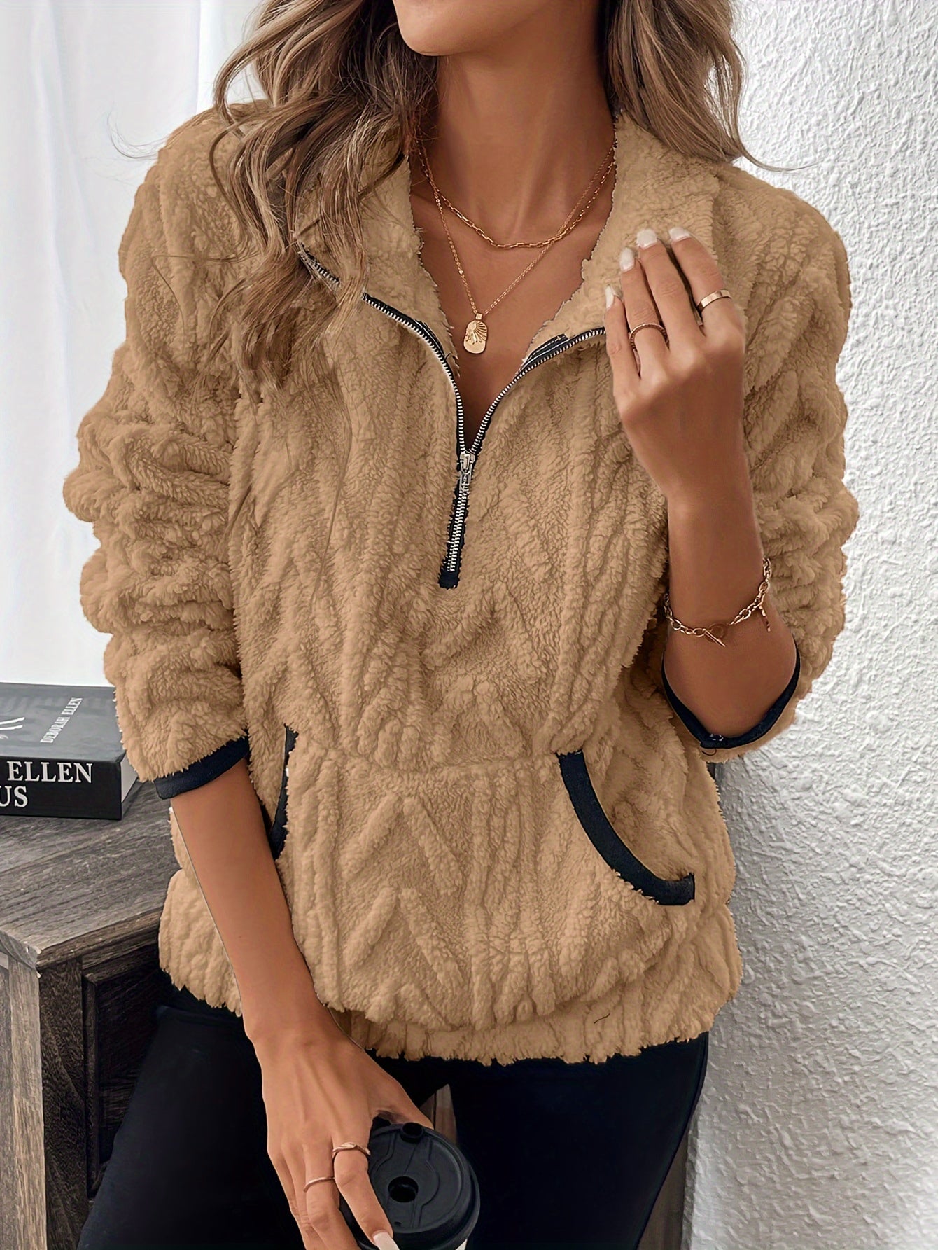 Evodia | Damen-Sweatshirt aus flauschigem Stoff, Pullover mit halbem Reißverschluss, lässiges und bequemes Langarmshirt