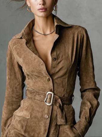 Olyra | Midi suède jurk, lange mouwen met knopen, elegante jurk voor dames