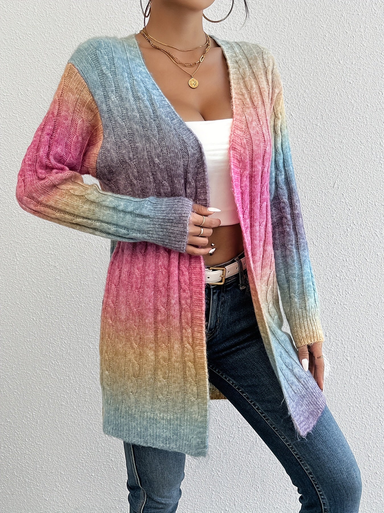 Alyssia | Ombre vest voor dames – pastelroze naar blauw/paars, lang model met open voorkant