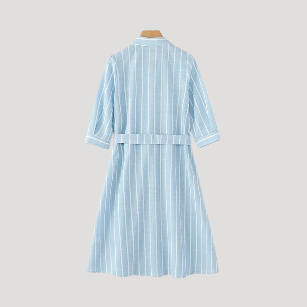 Nysera | Gestreepte Midi Overhemdjurk – Taillering, Casual Zomerjurk met Halflange Mouwen