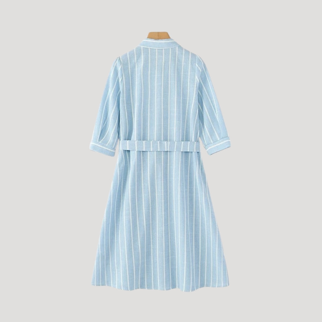 Nysera | Gestreepte Midi Overhemdjurk – Taillering, Casual Zomerjurk met Halflange Mouwen