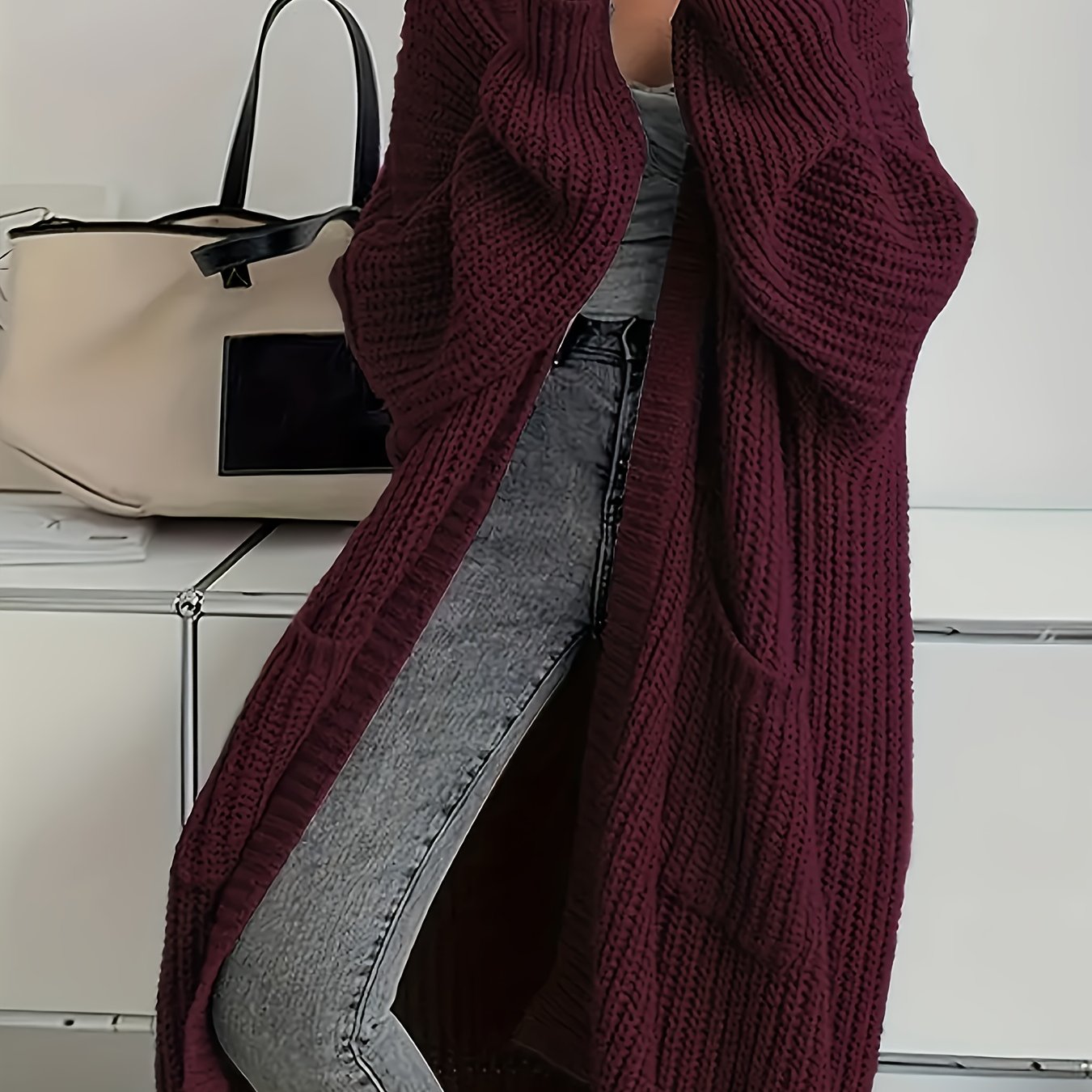 Myvessa | Langer Strickcardigan für Damen – offener, Oversize-Schnitt, lässiger Pullover für Herbst und Winter