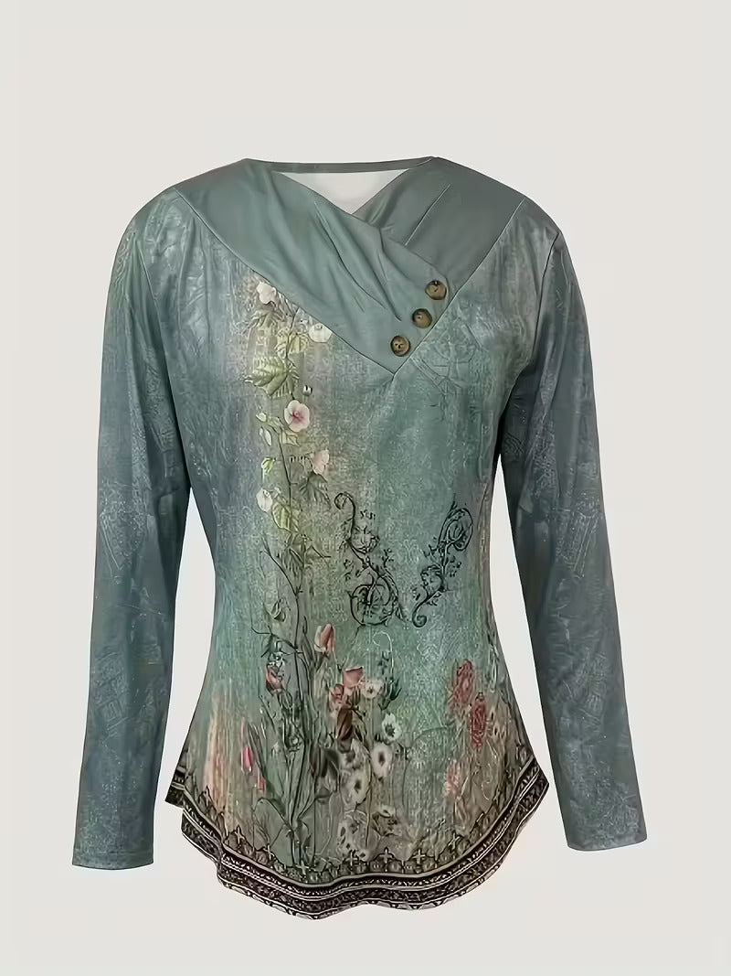 Delsa | Damesblouse met etnische print en 3/4 mouwen – Boho casual blouse