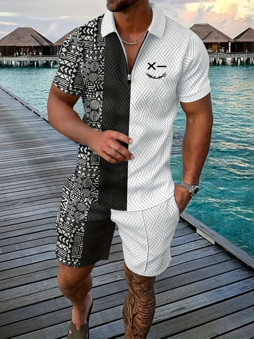 Xylaric | Casual tweedelige set voor heren – T-shirt met reverskraag en korte broek met trekkoord