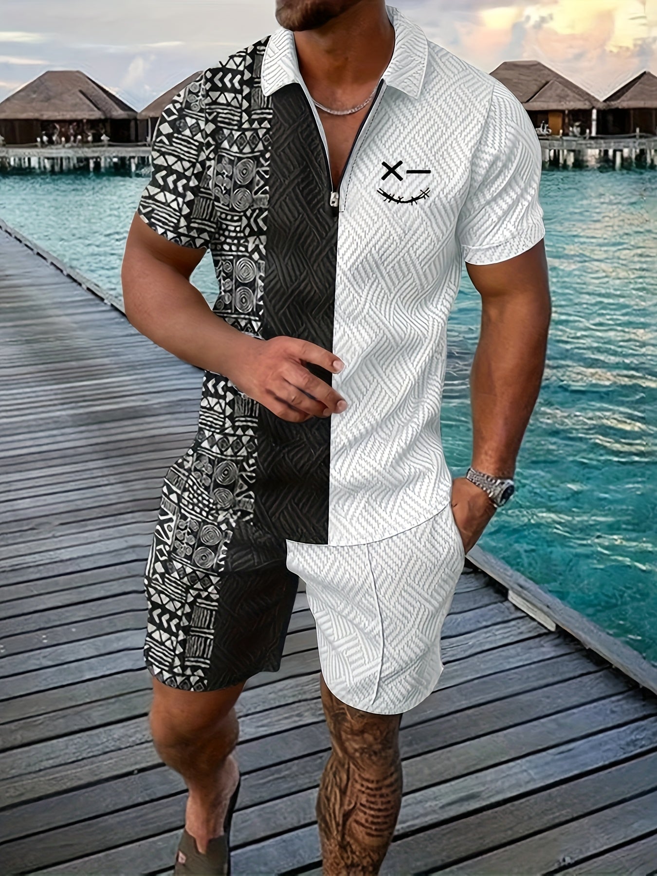 Xylaric | Casual tweedelige set voor heren – T-shirt met reverskraag en korte broek met trekkoord
