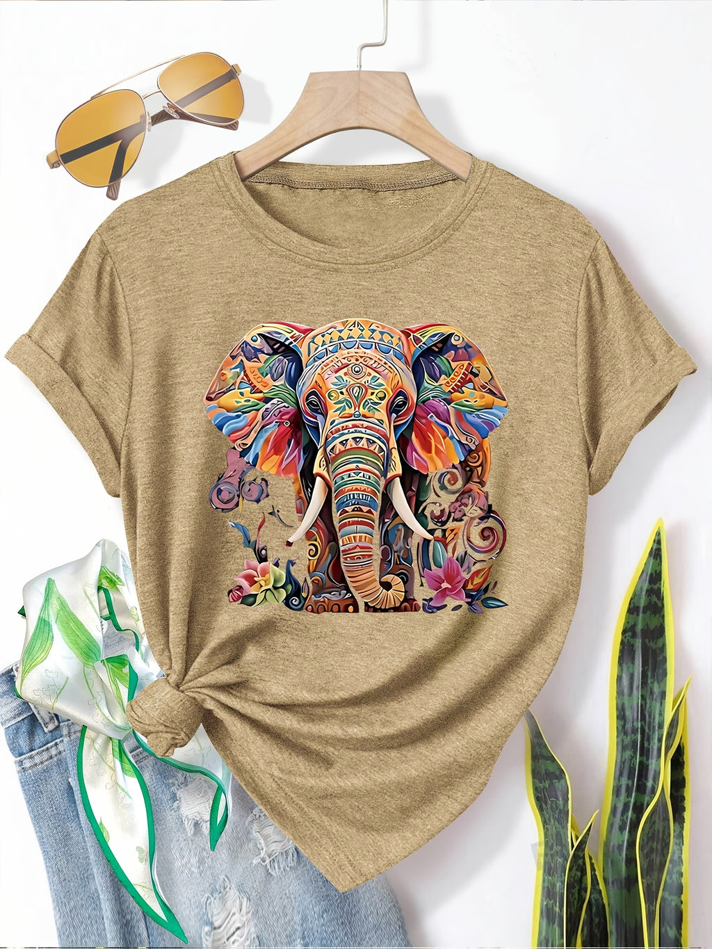Menya | Dames-T-shirt met olifantenprint – Casual T-shirt in retrostijl met ronde hals en korte mouwen