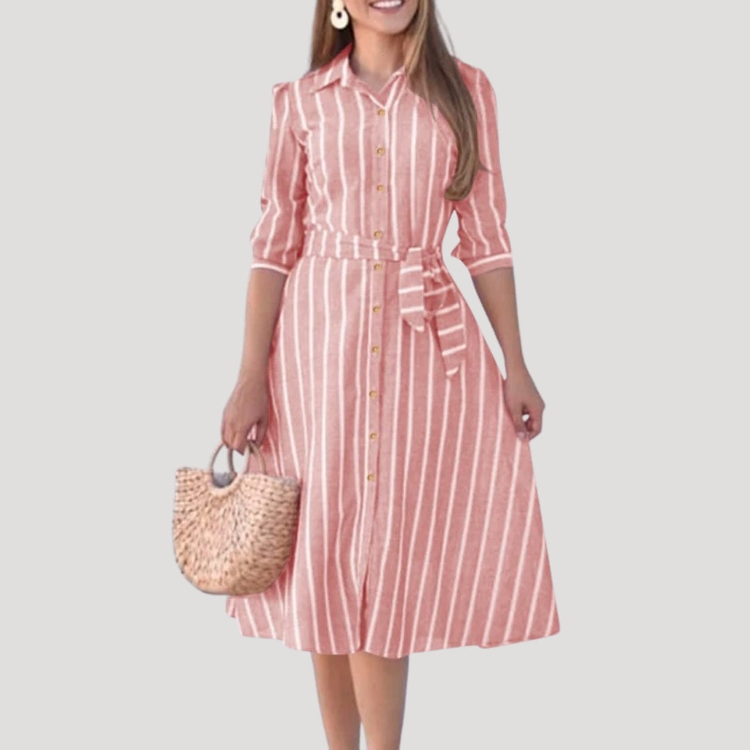 Nysera | Gestreepte Midi Overhemdjurk – Taillering, Casual Zomerjurk met Halflange Mouwen