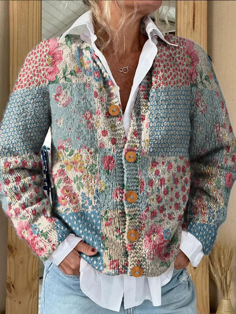 Cerissa | Vintage bloemenvest voor dames, zacht gebreid, relaxte pasvorm, casual laagjes-trui