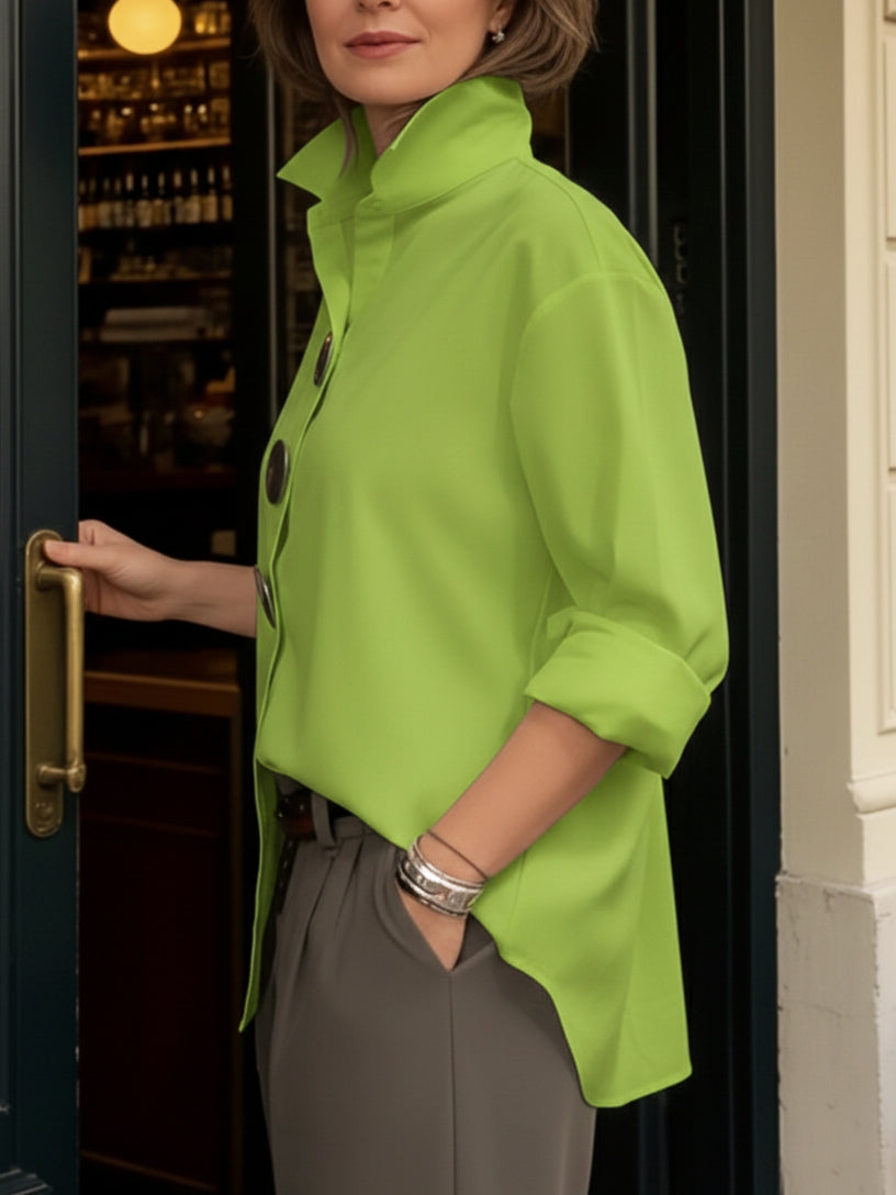 Moria | Chique damesblouse met opstaande kraag – Elegant werkhemd met metalen knopen