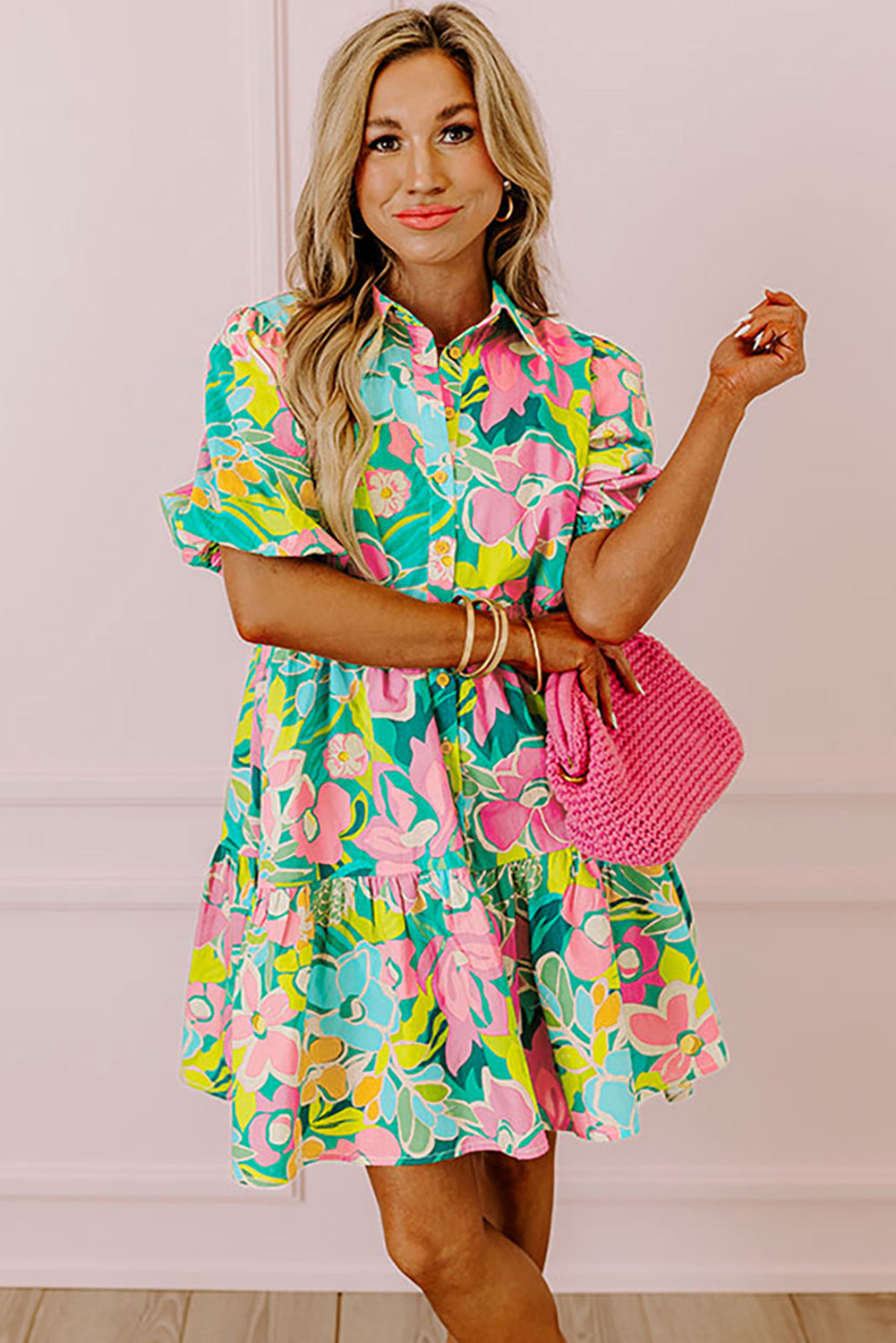 Melantha | Groene bloemenprint babydoll jurk met pofmouwen en kraag – Lichtgewicht zomerjurk