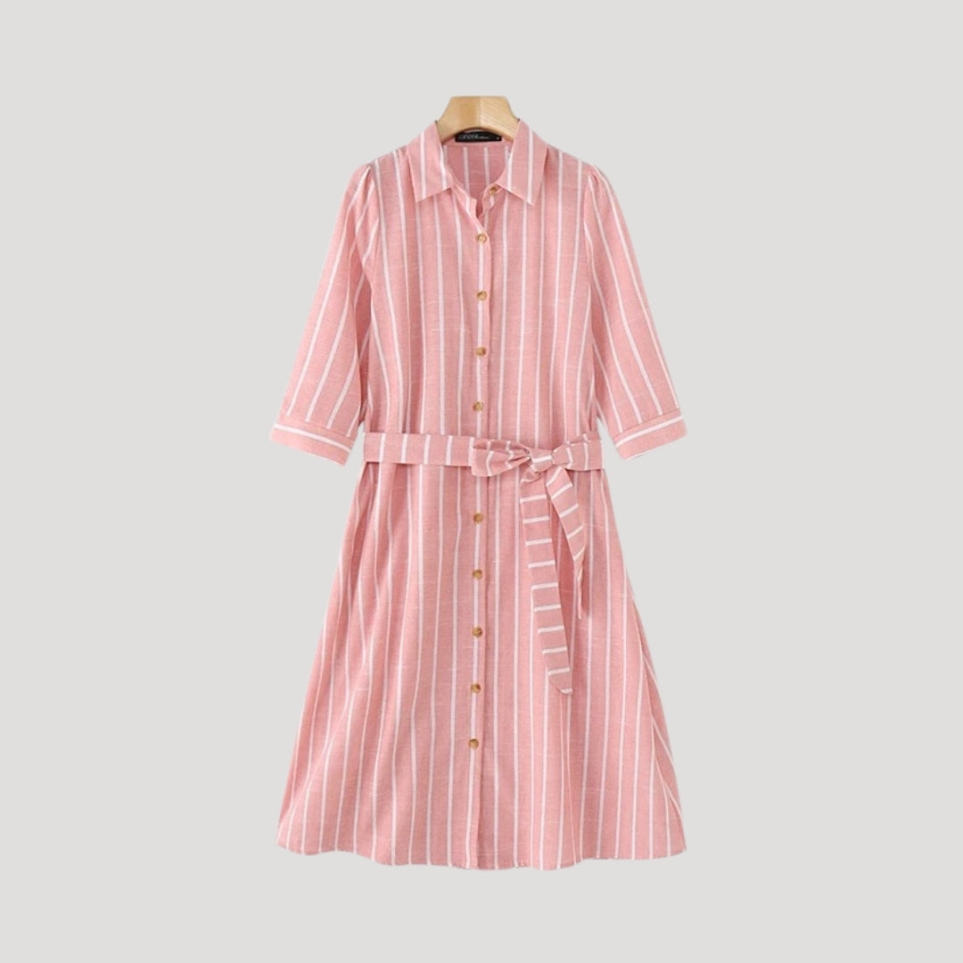 Nysera | Gestreepte Midi Overhemdjurk – Taillering, Casual Zomerjurk met Halflange Mouwen