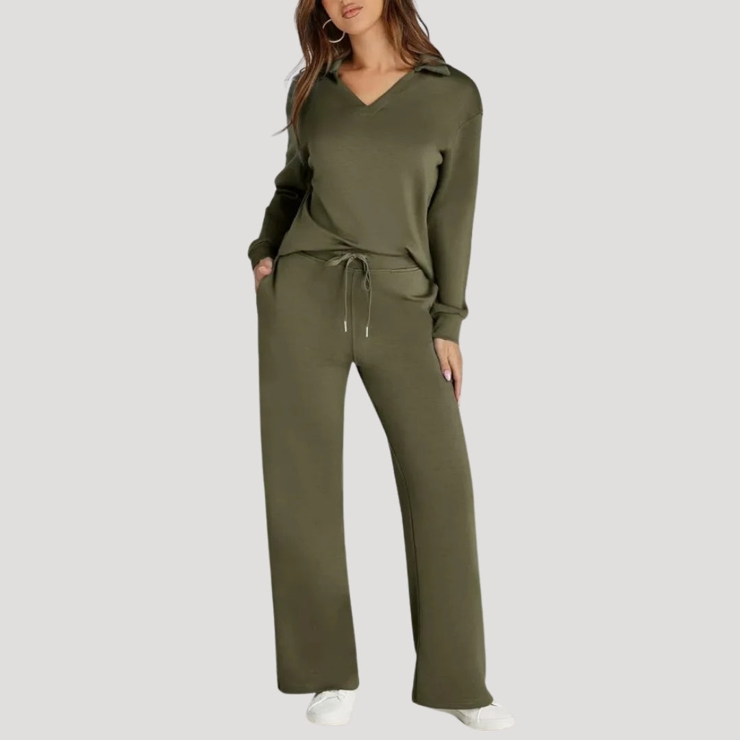 Caelyra | Chique gebreide set voor dames – Top met V-hals en comfortabele loungebroek