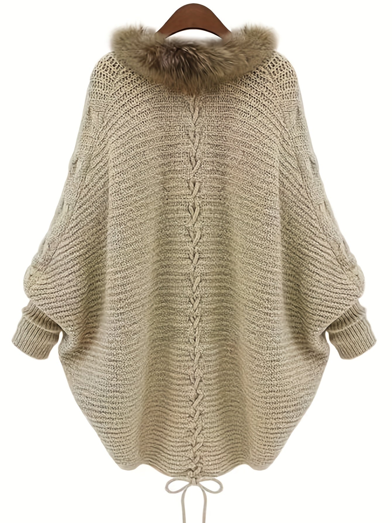 Aemilia | Dikke cape-jas voor dames – met nepbontrand, kabelbreiwerk, warme herfst- en winterjas