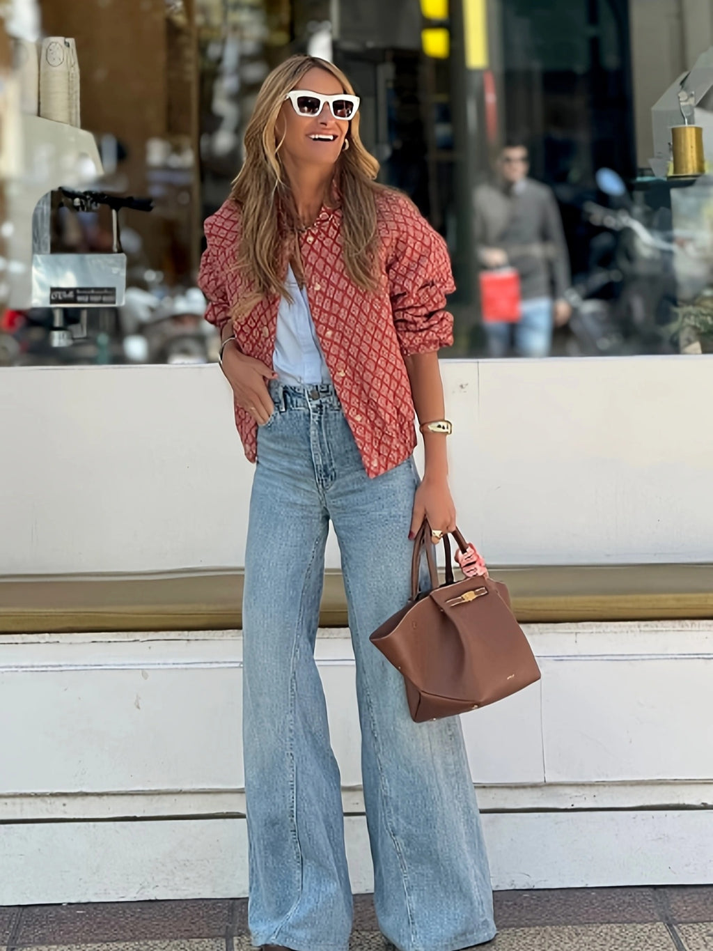 Delysia | Cardigan femme rétro chic à fleurs - rouge à boutons blancs, léger et décontracté