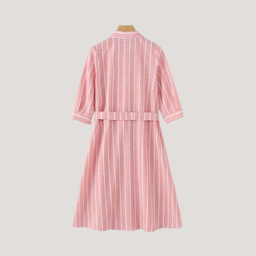 Nysera | Gestreepte Midi Overhemdjurk – Taillering, Casual Zomerjurk met Halflange Mouwen