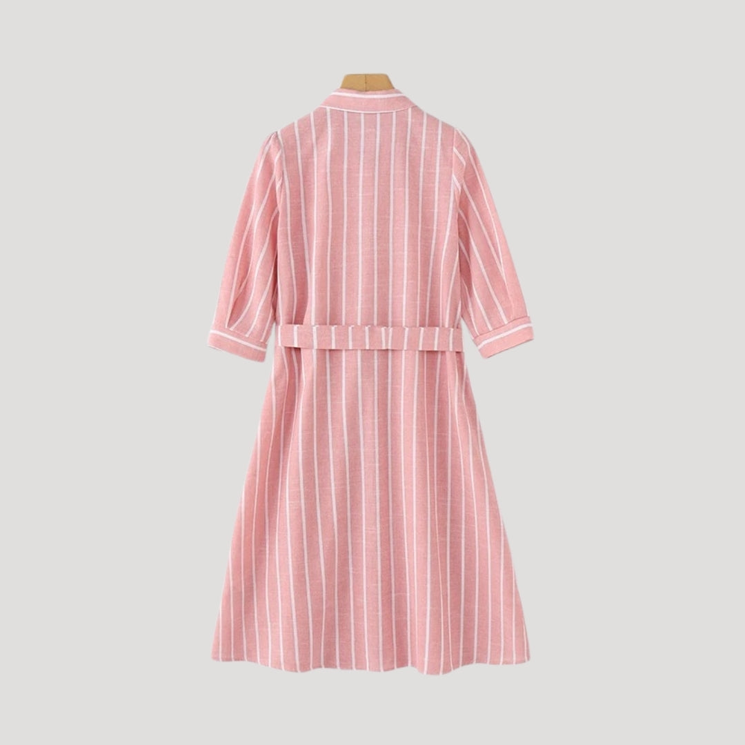 Nysera | Gestreepte Midi Overhemdjurk – Taillering, Casual Zomerjurk met Halflange Mouwen