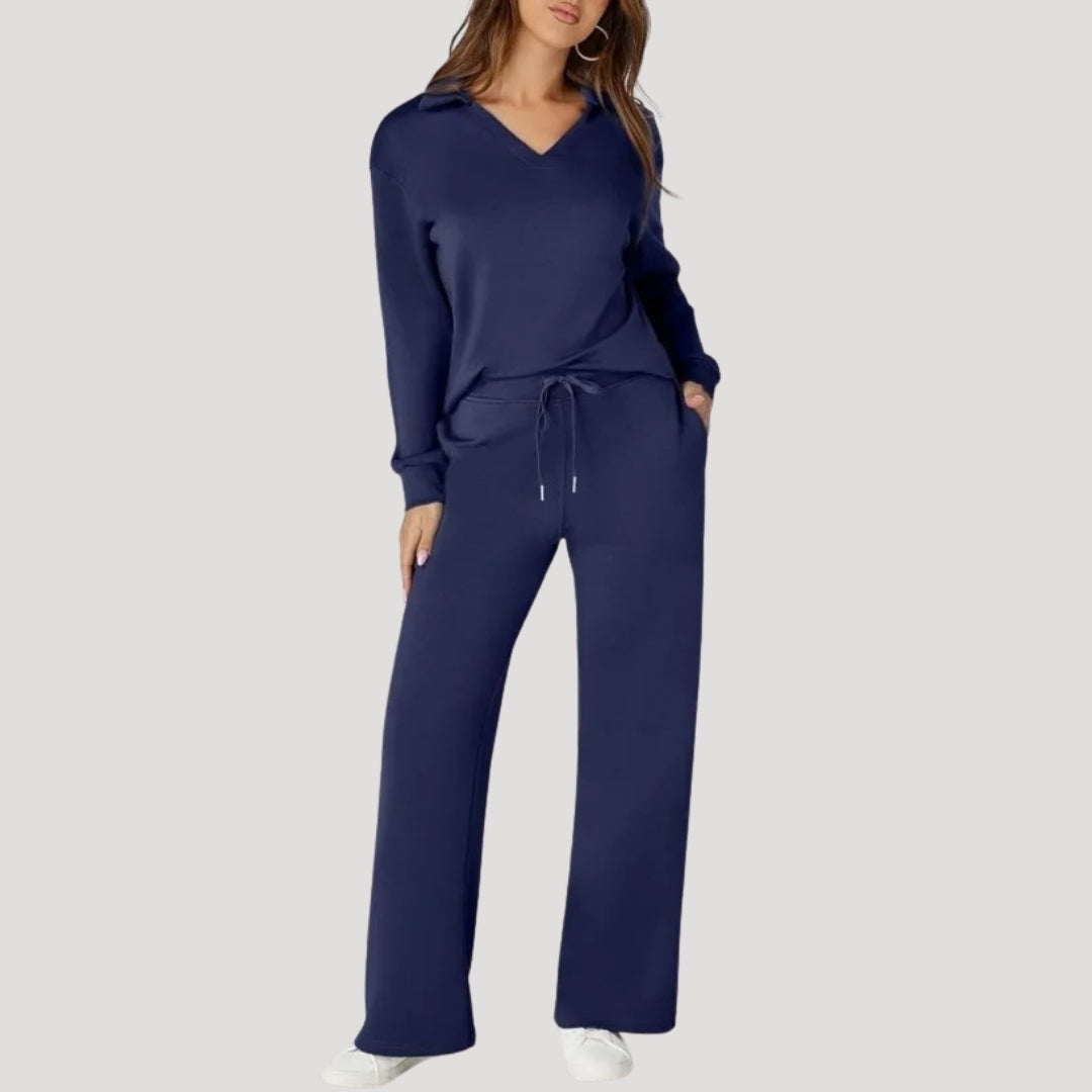 Caelyra | Chique gebreide set voor dames – Top met V-hals en comfortabele loungebroek