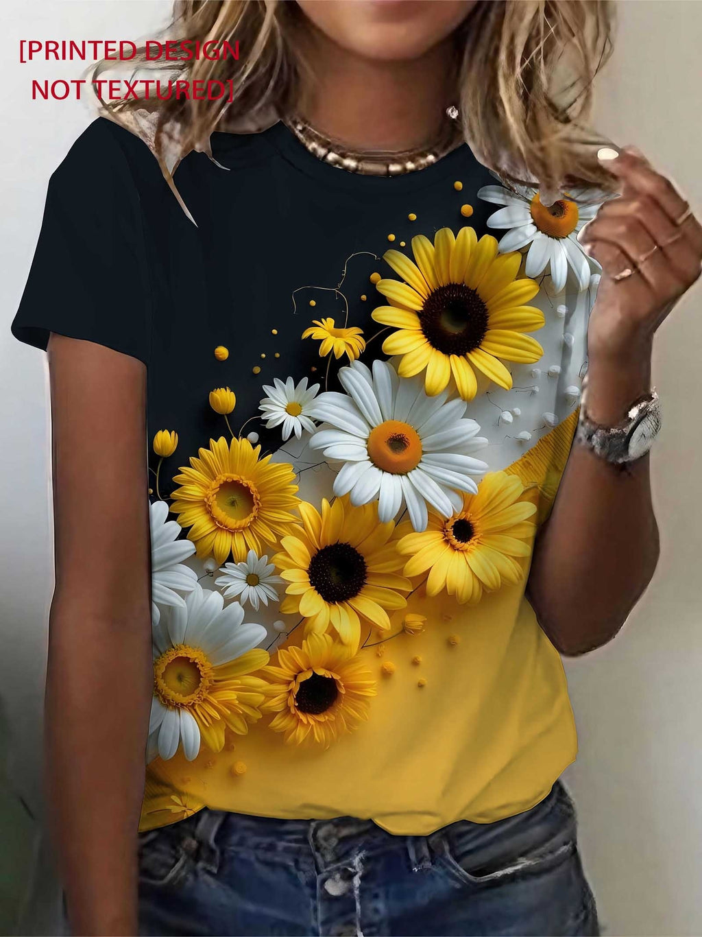 Nyzirelen | Dames-T-shirt met zonnebloemenprint – Casual zomertop met ronde hals