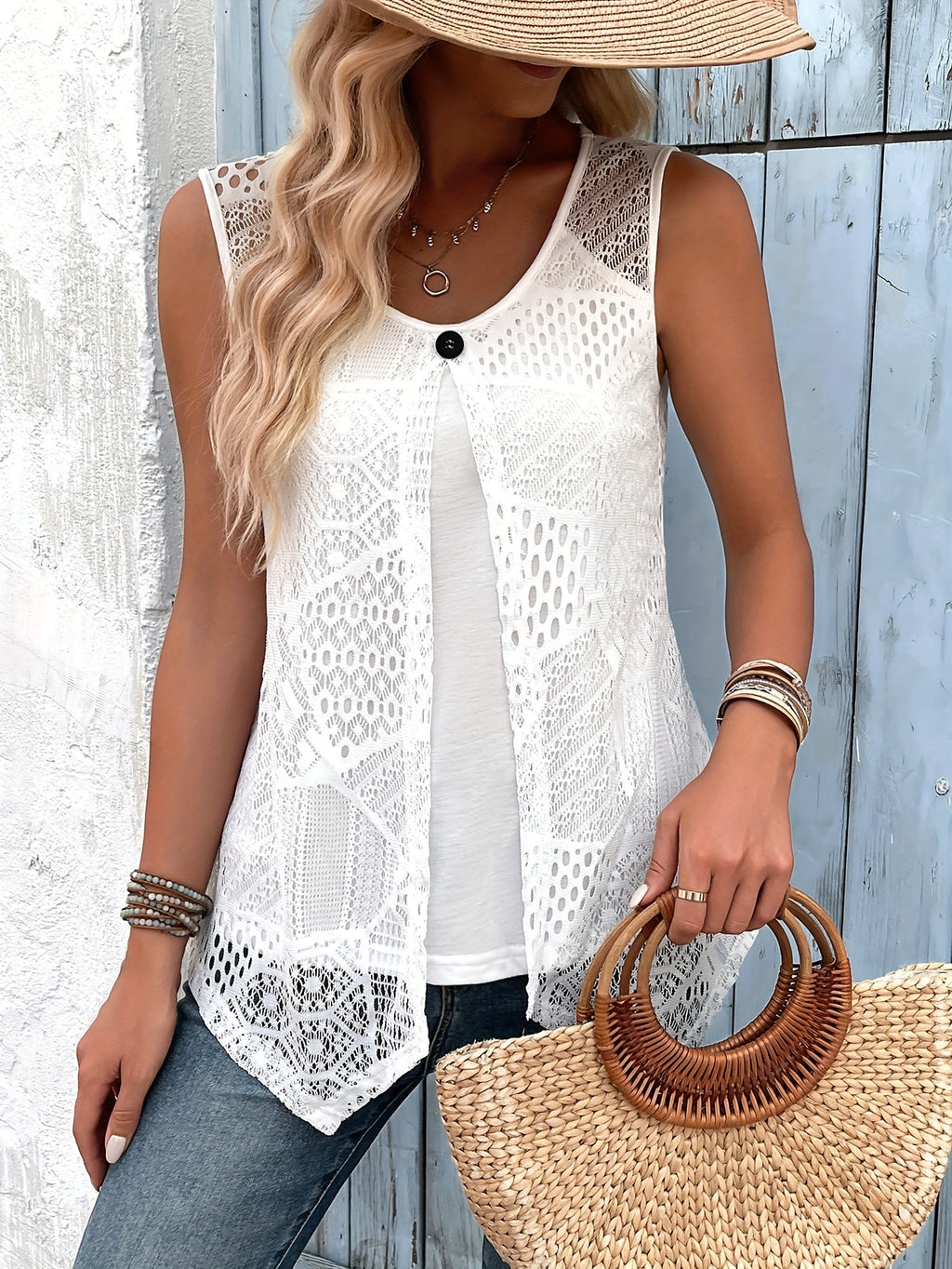 Emmarie | Dames tanktop met kanten afwerking en 2-in-1 look – ronde hals, mouwloos, gelaagde stijl
