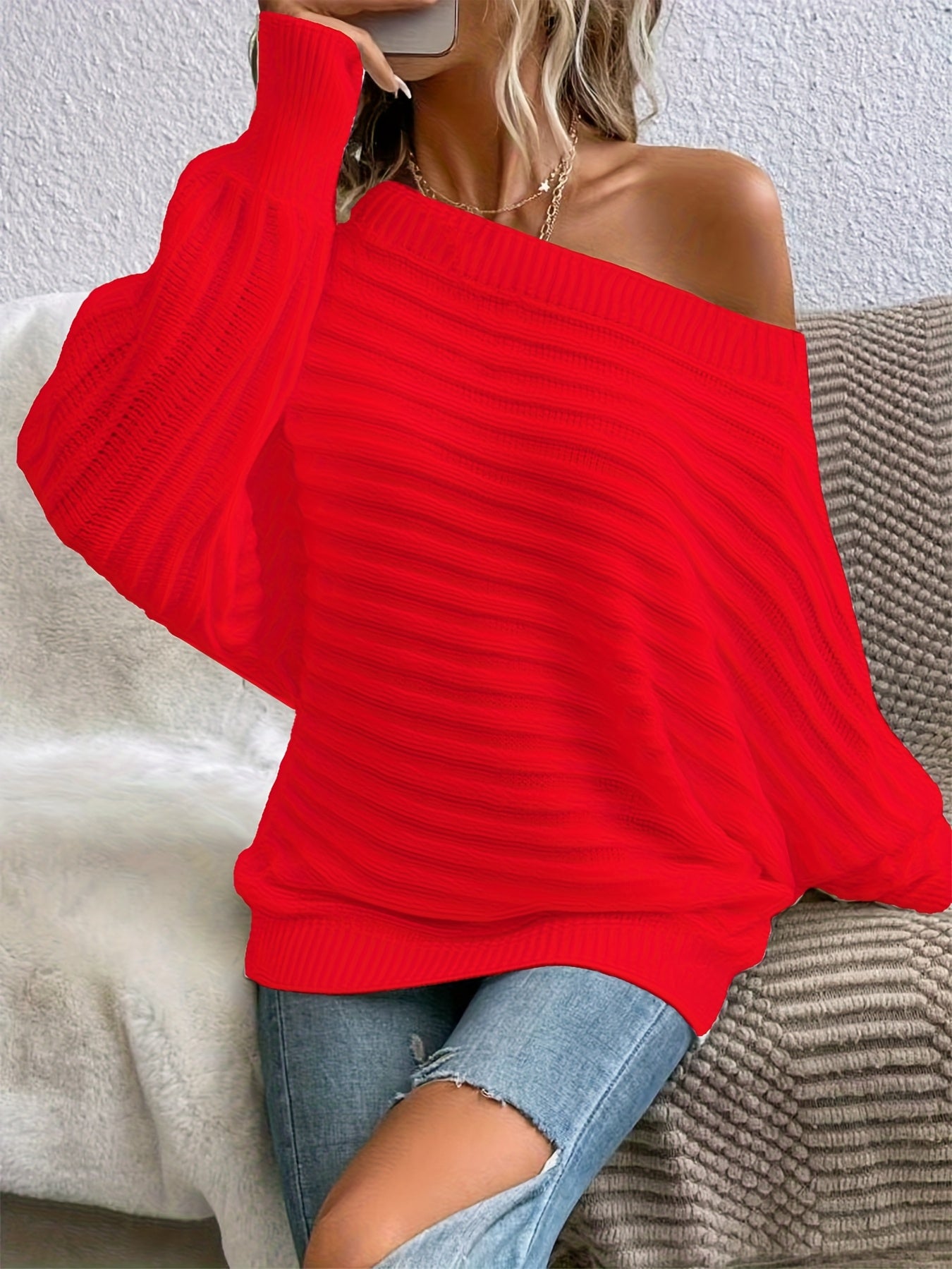 Arivana | Off-Shoulder pullover trui – Comfortabel gebreid, lange mouwen, casual relaxte pasvorm