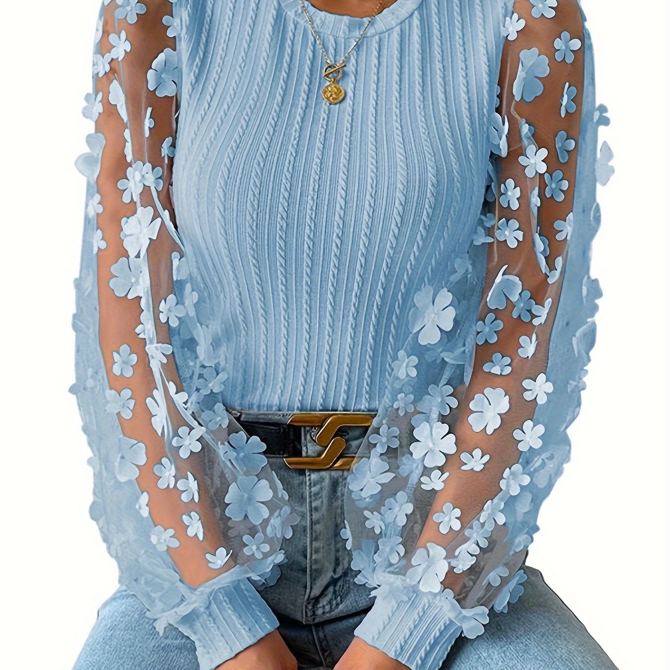 Hyselle | Dames Top met Textuur en Ronde Hals – Elegante Blouse met Mesh-Details