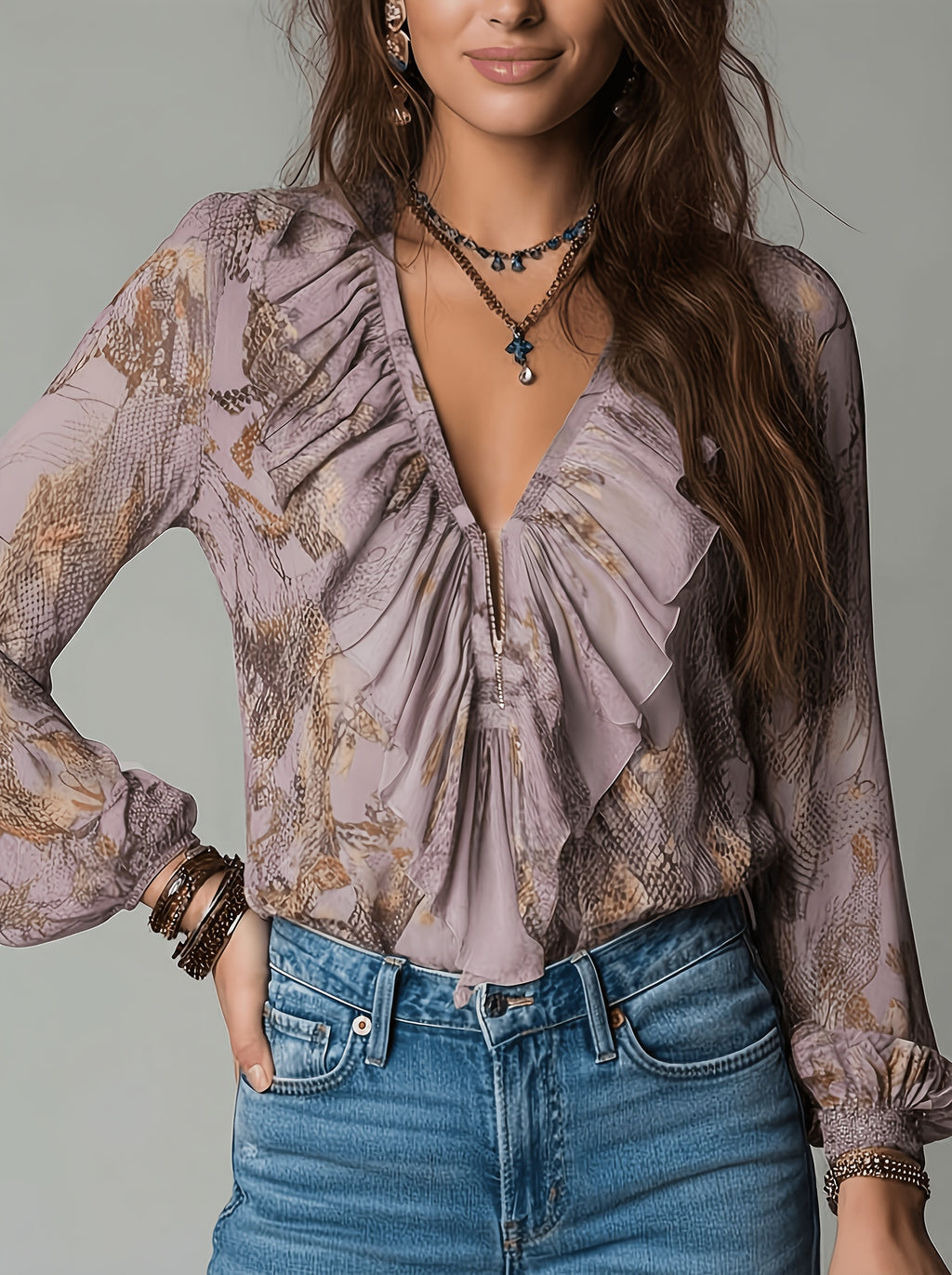 Lyta | Damesblouse van chiffon met bloemen- en slangenprint en ruches bij de V-hals