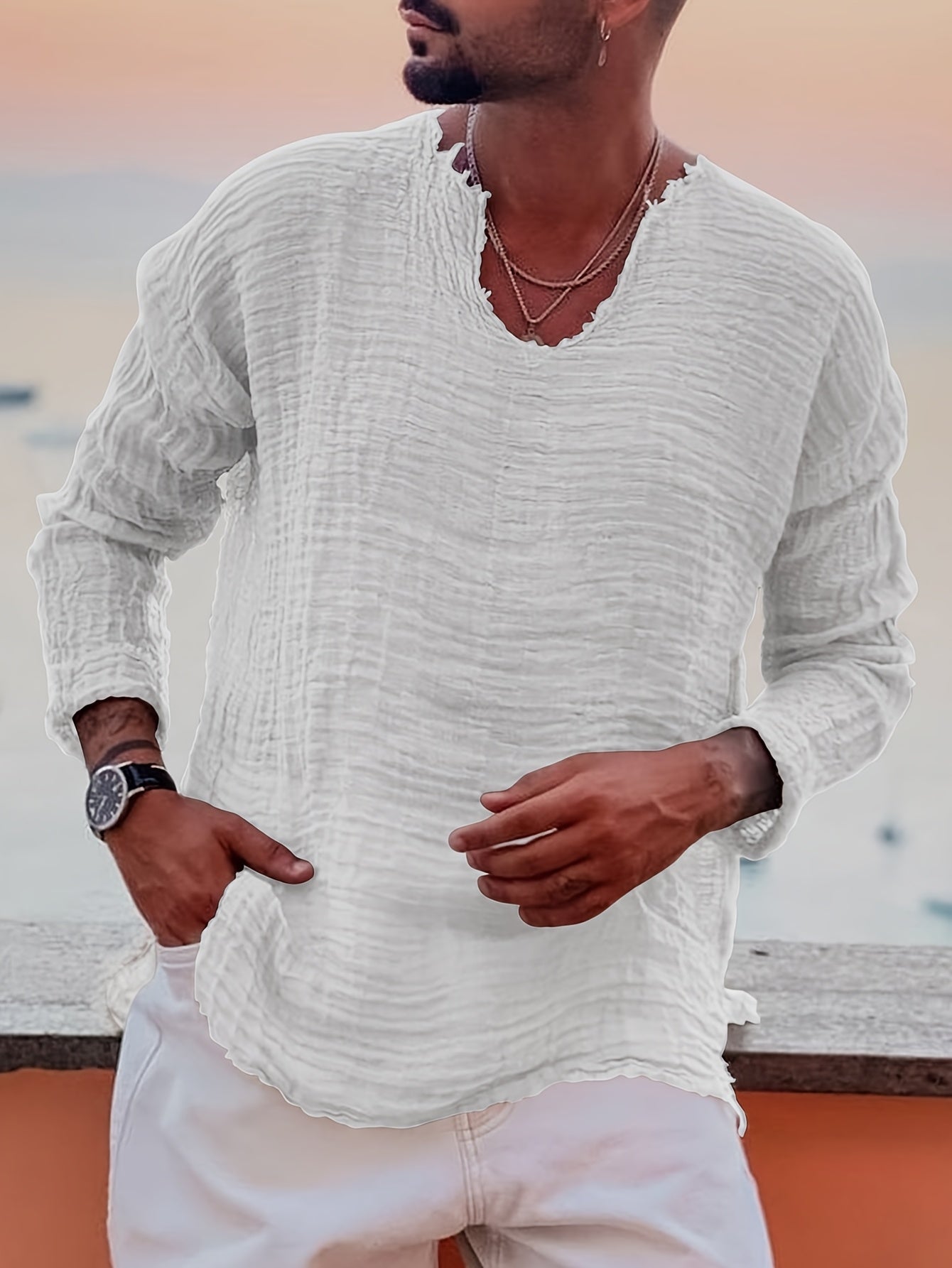 Silo | Heren-T-shirt met korte mouwen en V-hals – Casual zomers strandtop met verweerde look