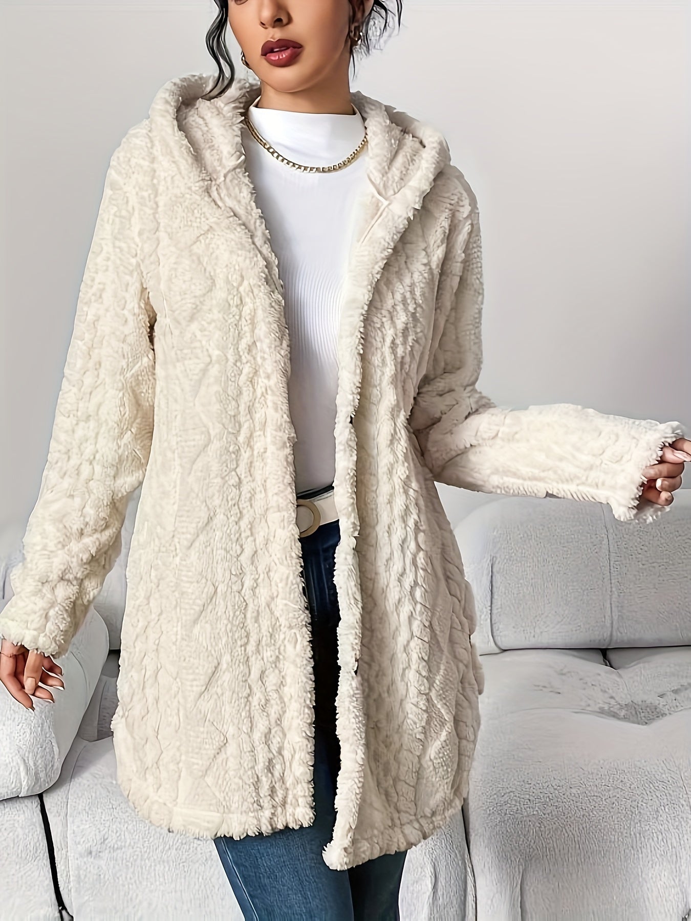 Palithra | Gilet long à capuche duveteux pour femme – Coupe ample, fourrure douce pour l'automne et l'hiver