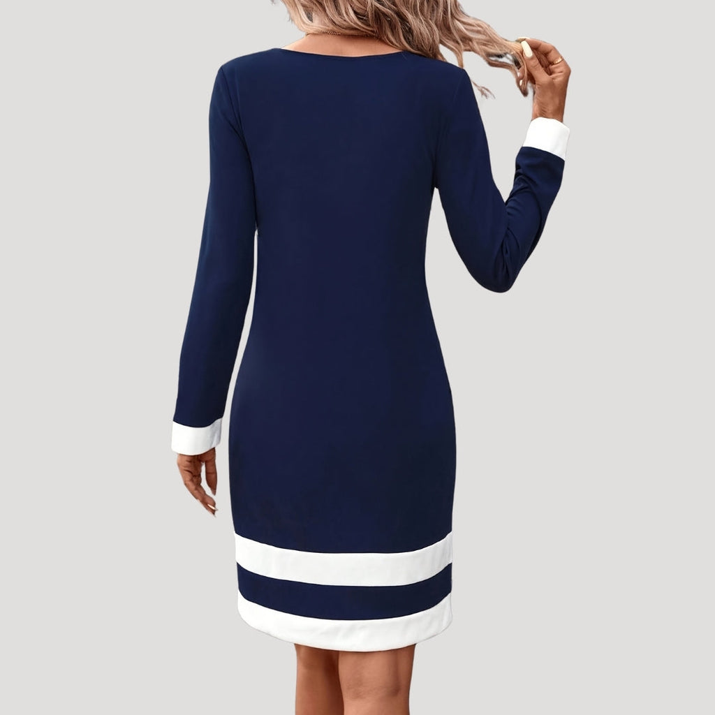 Valviera | Elegante midi-jurk met kleurblokken voor dames – ronde hals, lange mouwen