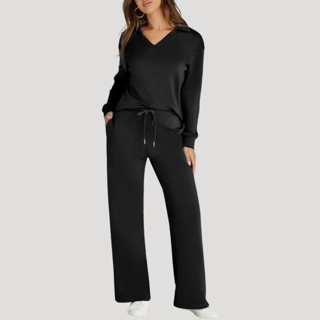 Caelyra | Chique gebreide set voor dames – Top met V-hals en comfortabele loungebroek