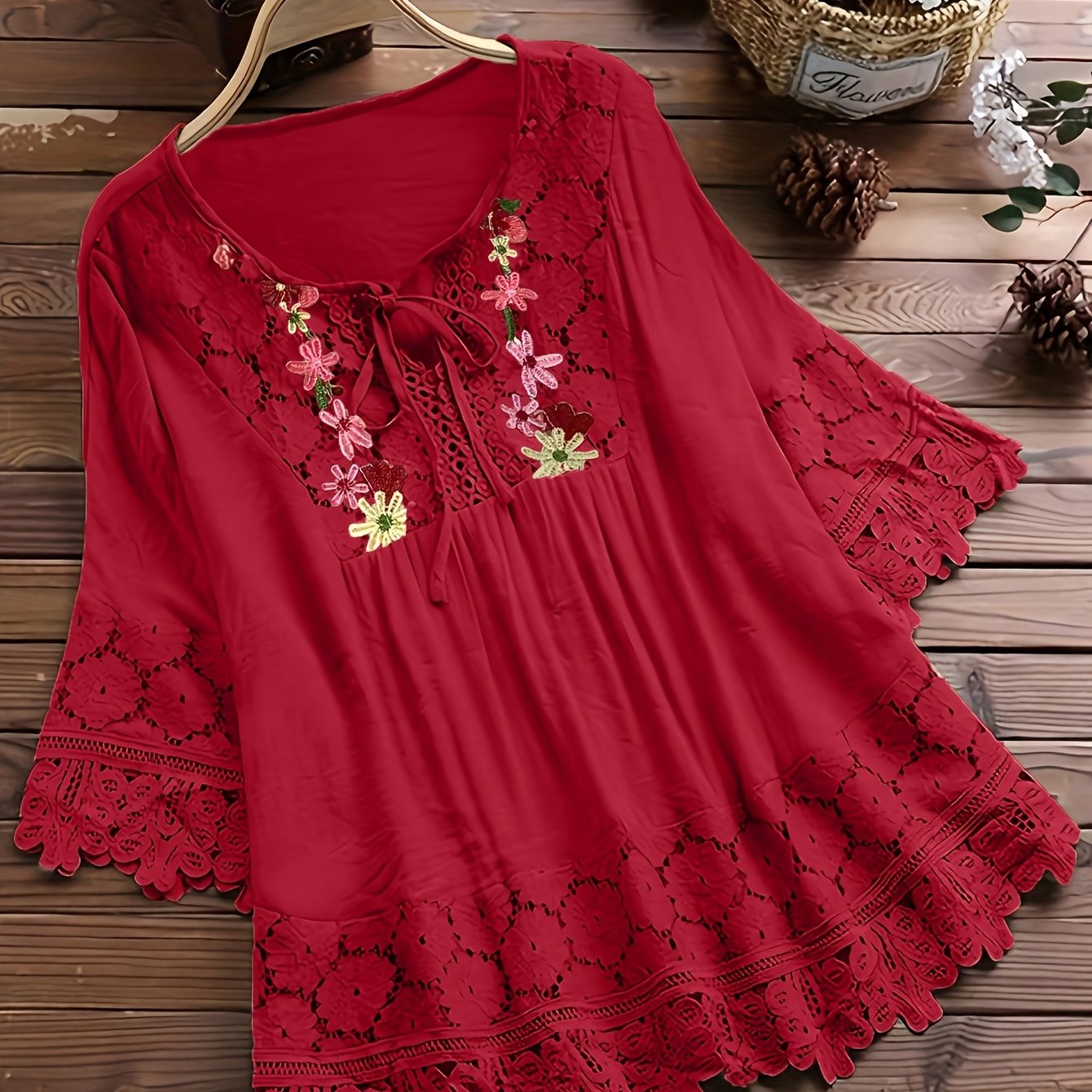 Elarona | Damesblouse met kanten patchwork – Lente/zomer-top met lange mouwen