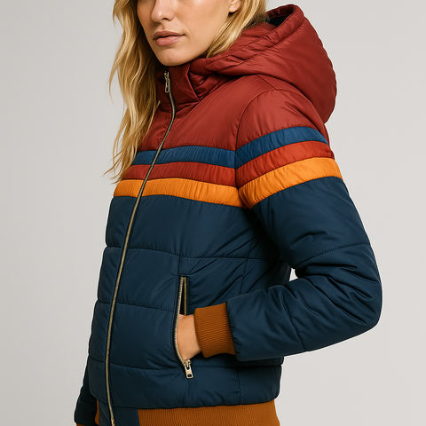 Veylanna | Damen-Steppjacke mit Kapuze, mehrfarbiger Wintermantel, leichte Daunenjacke