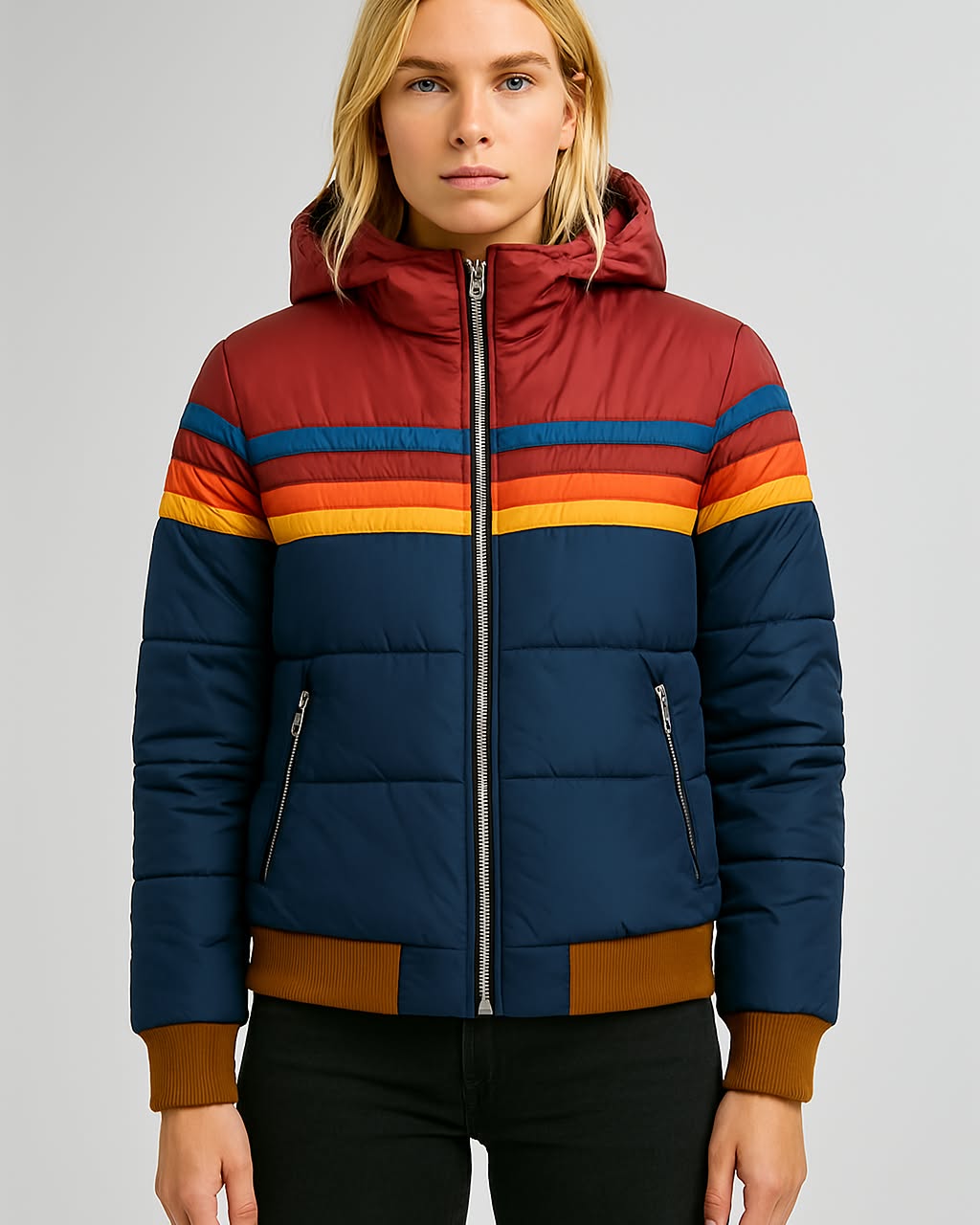 Veylanna | Damen-Steppjacke mit Kapuze, mehrfarbiger Wintermantel, leichte Daunenjacke