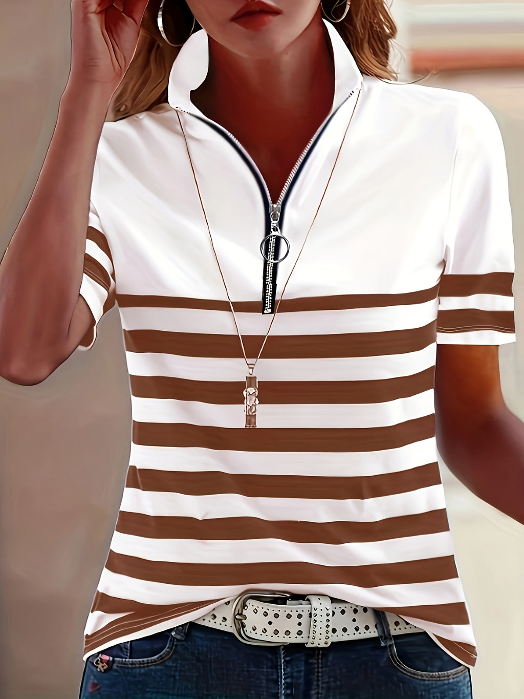 Elanith | Dames Halve Zip Shirt – Korte Mouw, Gestreept, Casual & Sportief Top