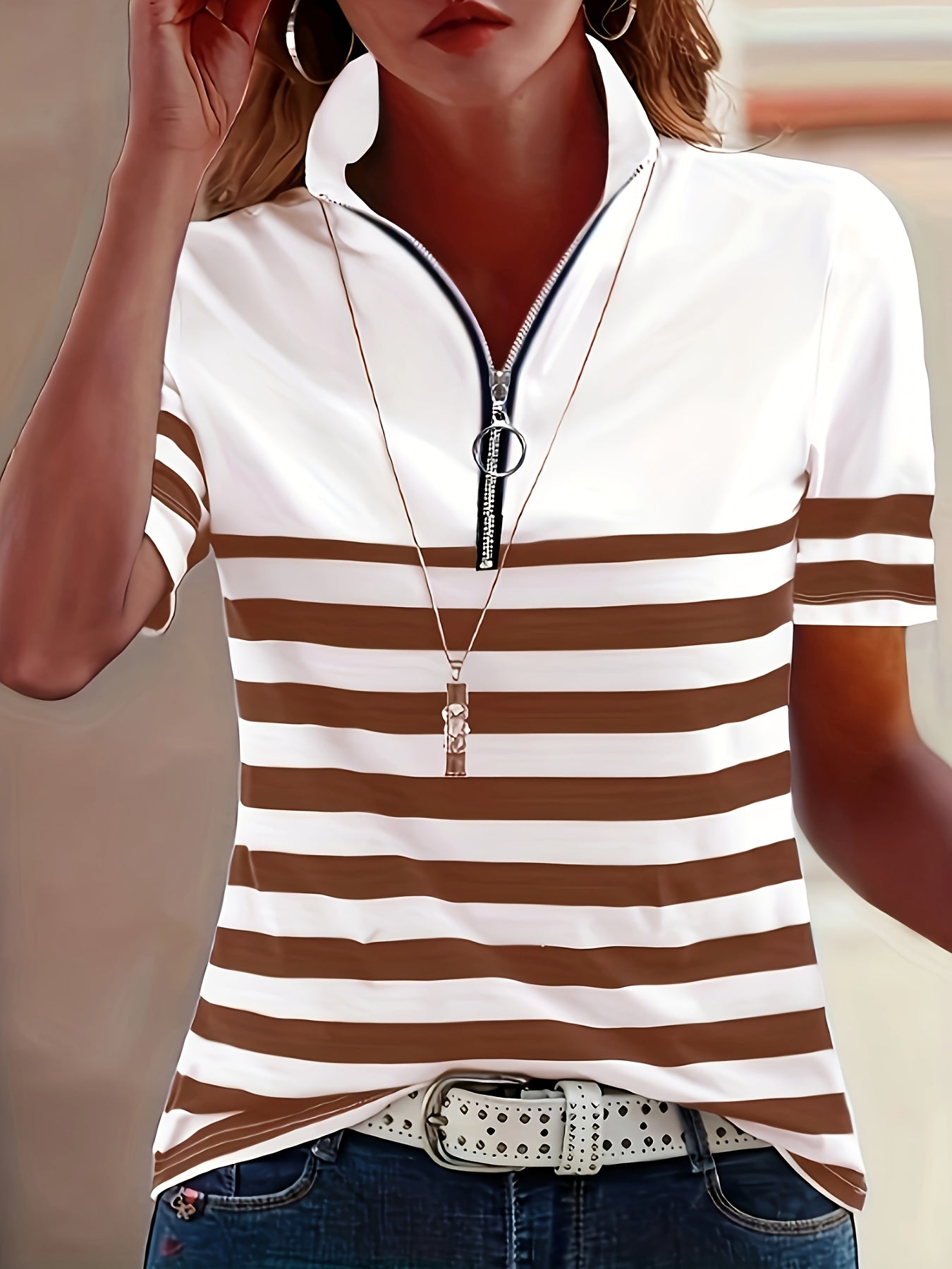 Elanith | Dames Halve Zip Shirt – Korte Mouw, Gestreept, Casual & Sportief Top