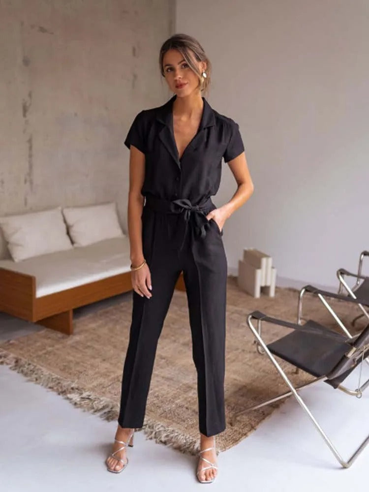 Elisa - elegante casual jumpsuit met v-hals en riem
