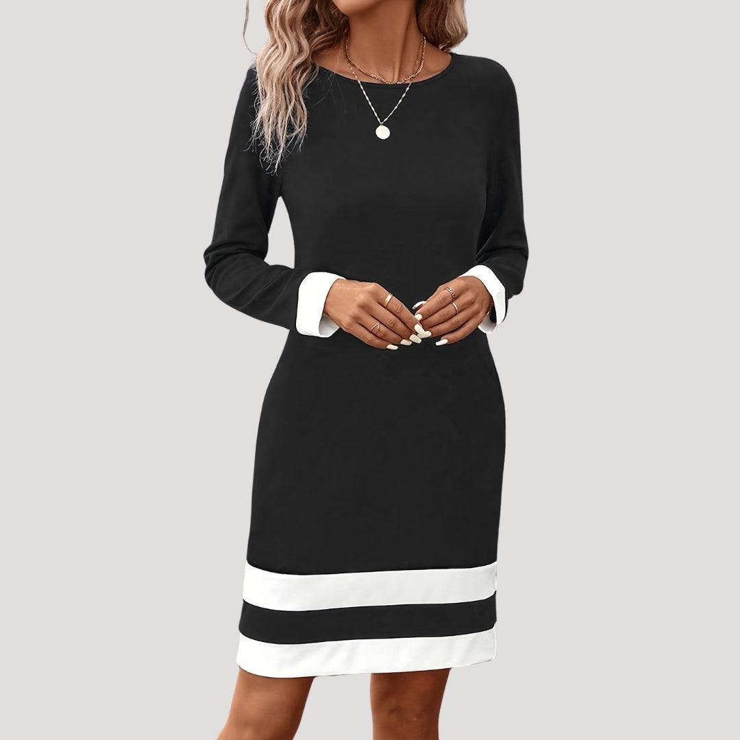 Brelya | Dames midi shiftjurk met colorblock – Lange mouwen elegante kantoorjurk